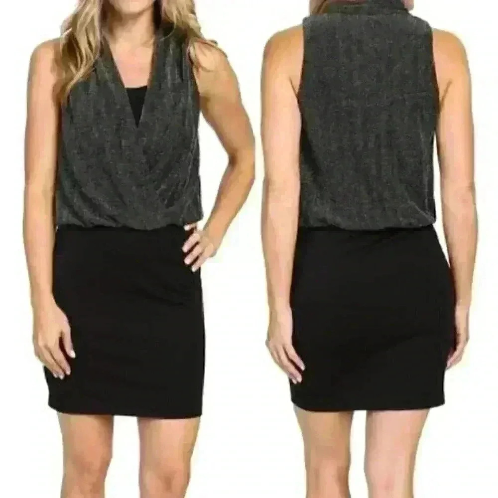 Karen Kane Black/Silver Metallic Drape Front Dress - $128